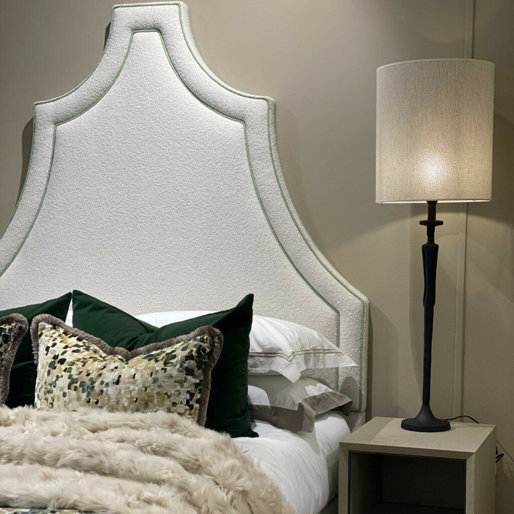 Riviera Headboard In Deal Boucle With Soft Green Piping | 1600 x 1800