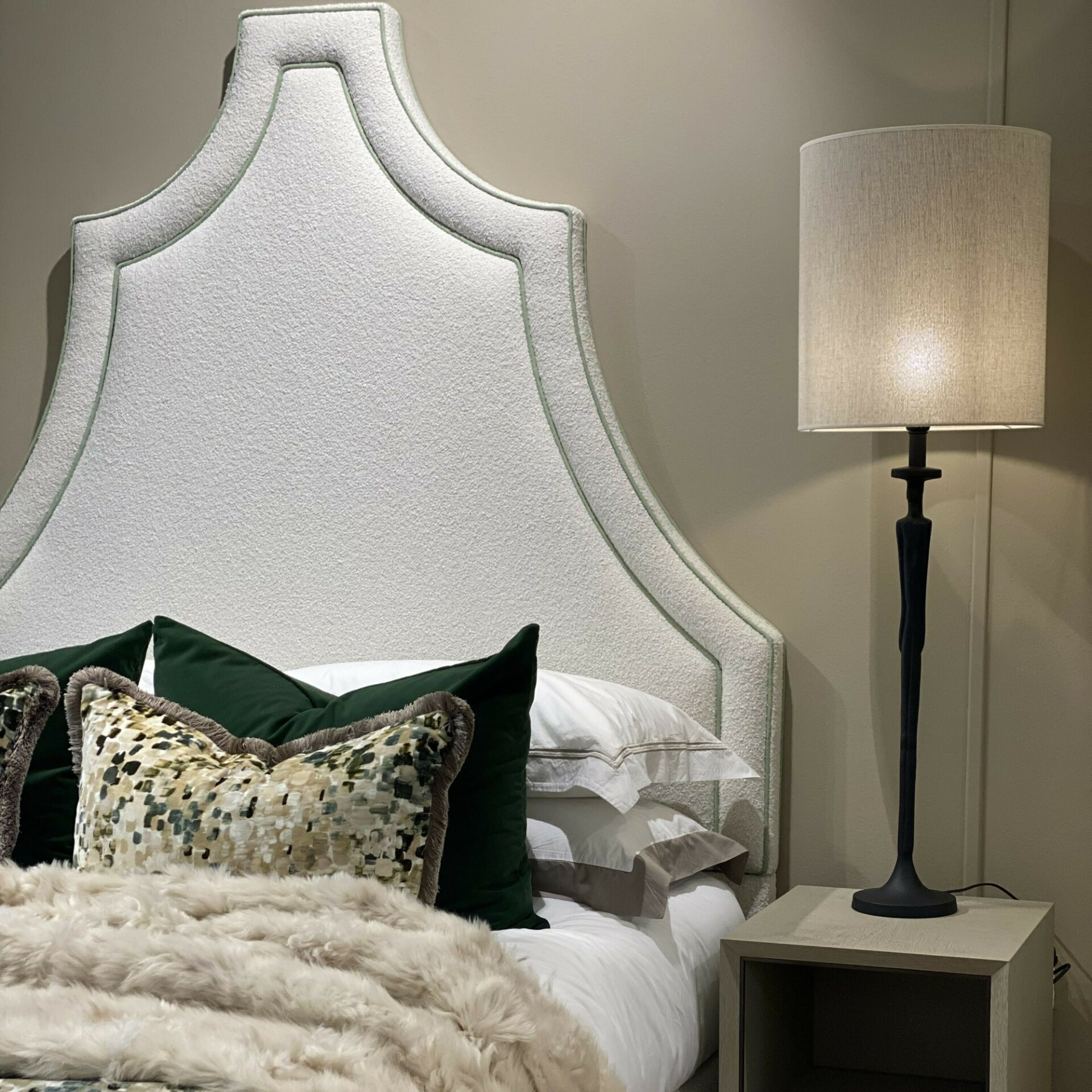 Riviera Headboard In Deal Boucle With Soft Green Piping | 1600 x 1800